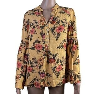 Free People Women’s Top Blouse floral yellow Button Down Size XS